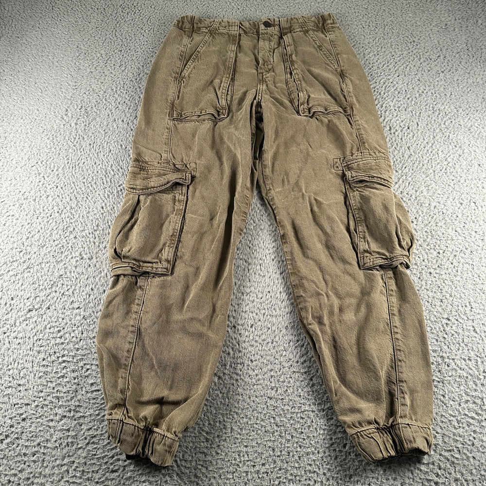 AllSaints Frieda Denim Cargo Pants Womens 2 Brown Relaxed Pleated Elastic Cuff